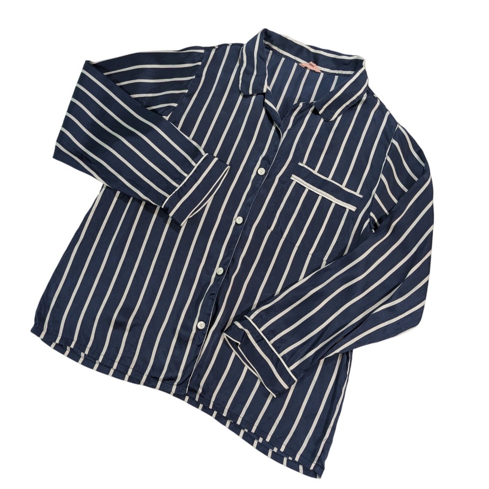 Eberjey 100% Silk Pajama Set Womens XS Navy White Stripe Long Sleeve PJ - Picture 2 of 13